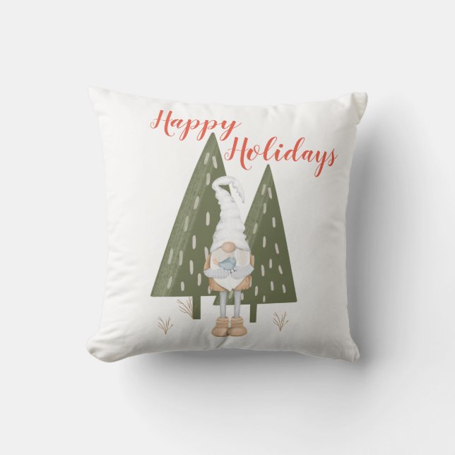 Happy Holidays Gnome Bluebird Weihnachten Kissen (Vorderseite)