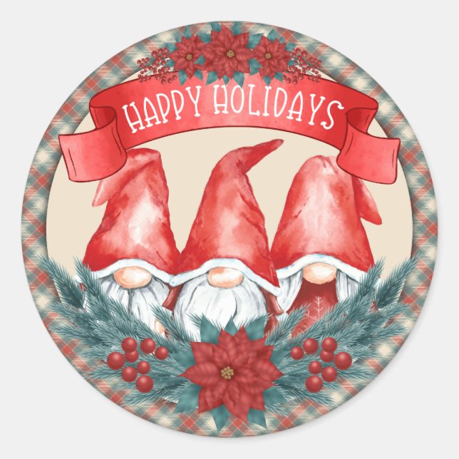 Happy Holidays Gnomes Runder Aufkleber (Vorderseite)