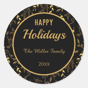 Happy Holidays Gold Blätter auf Black Runder Aufkleber