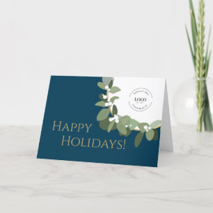 Happy Holidays Gold Blue Modern Wraath Your Logo Feiertagskarte