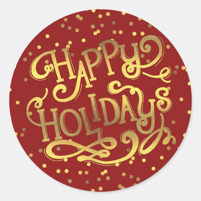 Happy Holidays Gold Foil Confetti Red Runder Aufkleber (Vorderseite)