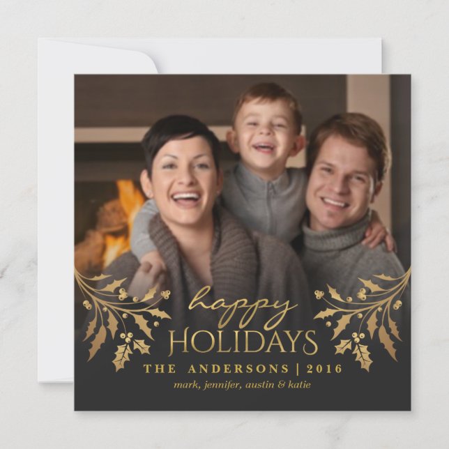 Happy Holidays Gold Holly Photo Carte Plat (Devant)