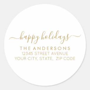 Happy Holidays Gold Script Calligraphy Address Runder Aufkleber