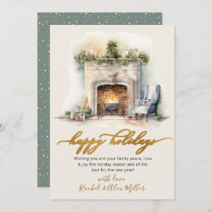 Happy Holidays Gold Script Fireplace Non Foto Feiertagskarte