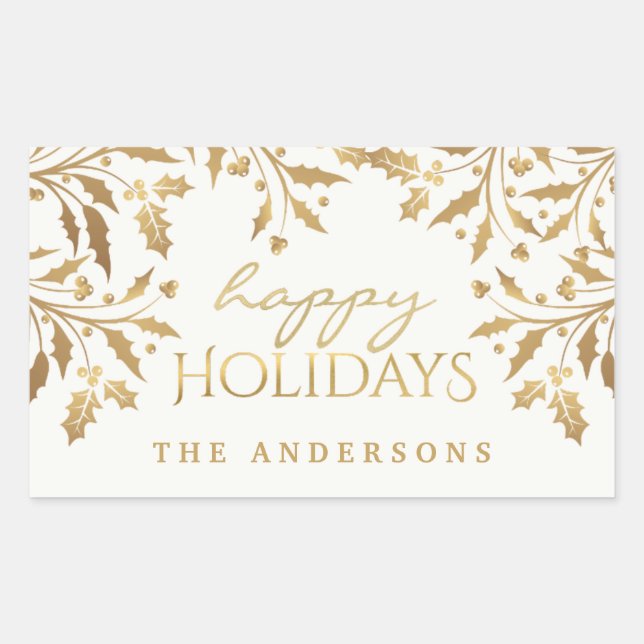 Happy Holidays Gold Shimmer Holly Branches Rechteckiger Aufkleber (Vorderseite)