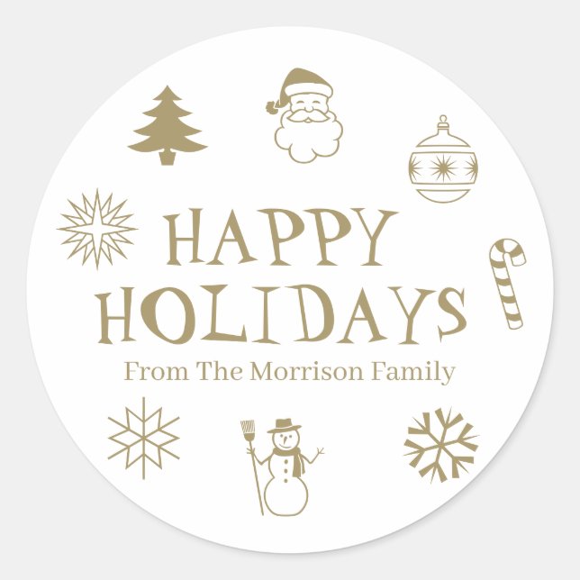 Happy Holidays Gold White individuelle Name Gabe G Runder Aufkleber (Vorderseite)