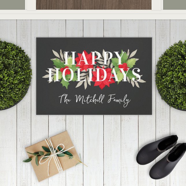 Happy Holidays Gray Christmas Floral Familienname Fußmatte (Von Creator hochgeladen)