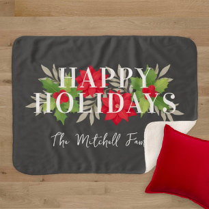 Happy Holidays Gray Christmas Floral Familienname Sherpadecke