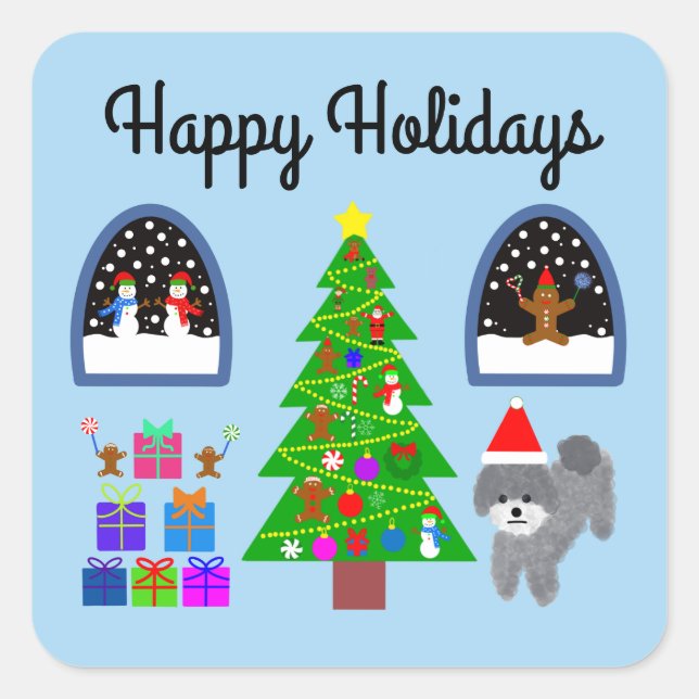 Happy Holidays Gray Poodle Christmas #4-2 Stickers (Vorderseite)