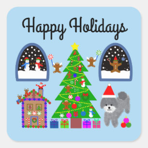 Happy Holidays Gray Poodle Christmas #6-2 Stickers