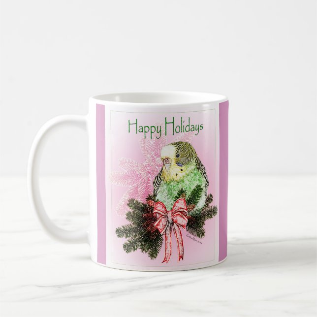 Happy Holidays Green Parakeet mit Weihnachtsjunge Kaffeetasse (Links)