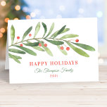 Happy Holidays Green Red Winter Greenery Feiertagskarte<br><div class="desc">This stylish "Happy Holidays" holiday card features a modern and minimal green watercolor winter branch with red berry accents. The elegant text can be completely personalized with your choice of greeting,  family name,  year,  and a custom message inside the card.</div>