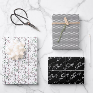 Happy Holidays Grußwünsche auf schwarz und weiß Geschenkpapier Set