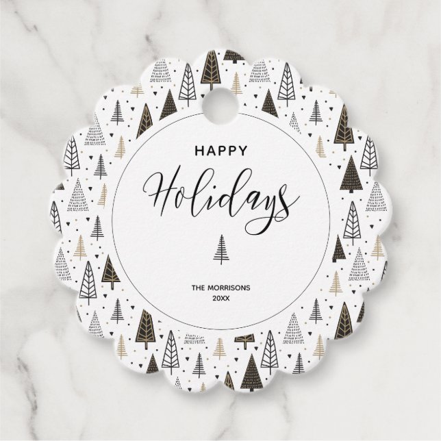 Happy Holidays Hand Drawn Pine Trees Individuelle  Geschenkanhänger (Vorderseite)