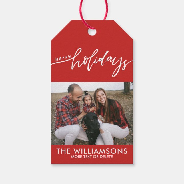 Happy Holidays Handschrift Familienfoto Custom Geschenkanhänger (Vorderseite)