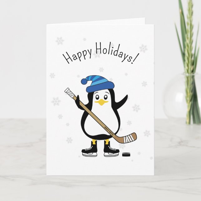 Happy Holidays Hockey Penguin Feiertagskarte (Vorderseite)
