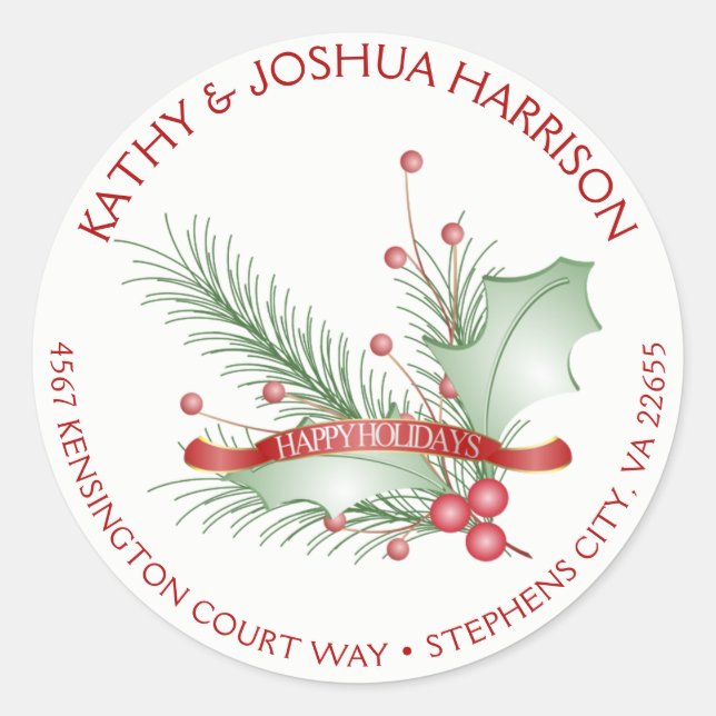 Happy Holidays Holly Berries Pine Round Address | Runder Aufkleber (Vorderseite)