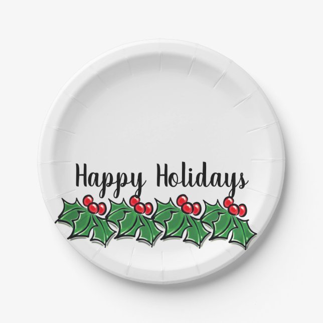 Happy Holidays Holly Sprigs, Weihnachtsgrün Pappteller (Vorderseite)