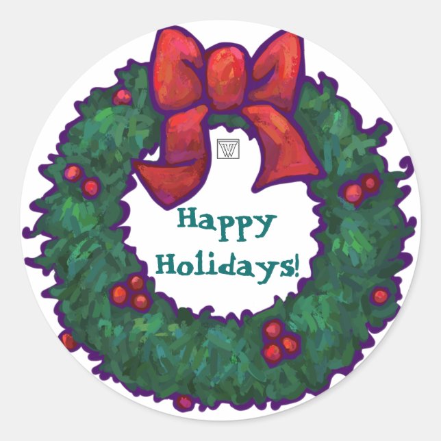 Happy Holidays Holly Wreath Runder Aufkleber (Vorderseite)