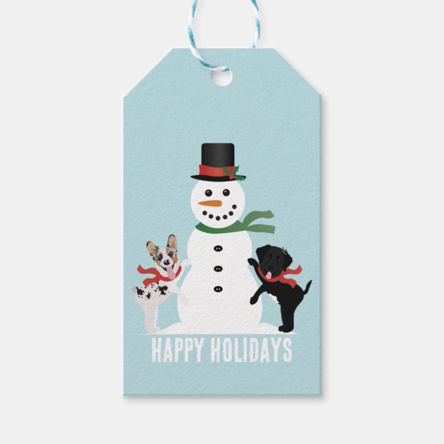 Happy Holidays Hunde Gebäude A Snowman Geschenkanhänger (Vorderseite)