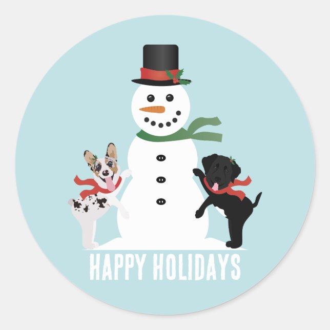 Happy Holidays Hunde Gebäude A Snowman Runder Aufkleber (Vorderseite)