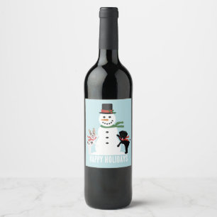 Happy Holidays Hunde Gebäude A Snowman Weinetikett