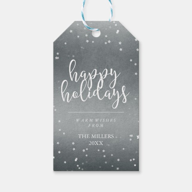 Happy Holidays | Imitate Silberfolie und Sterne Geschenkanhänger (Vorderseite)