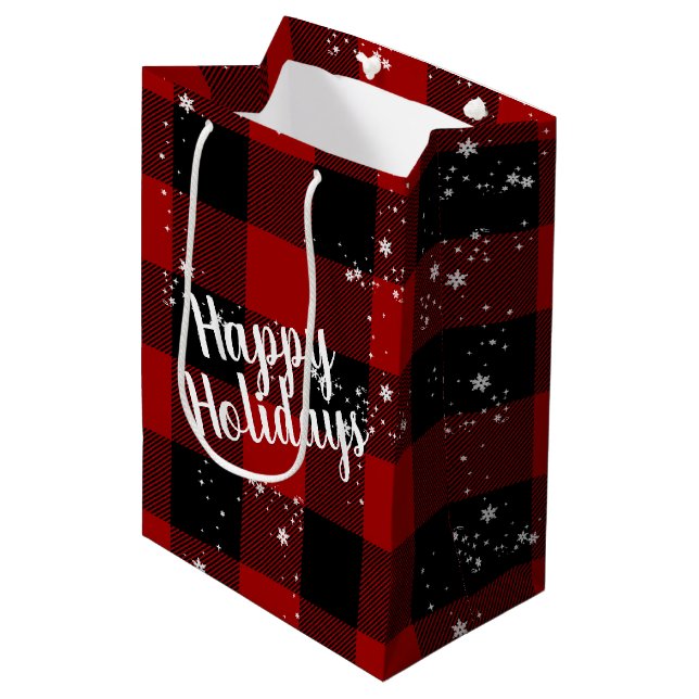 Happy Holidays in Snowflakes on Kariert Mittlere Geschenktüte (Vorderseite Schrägansicht)