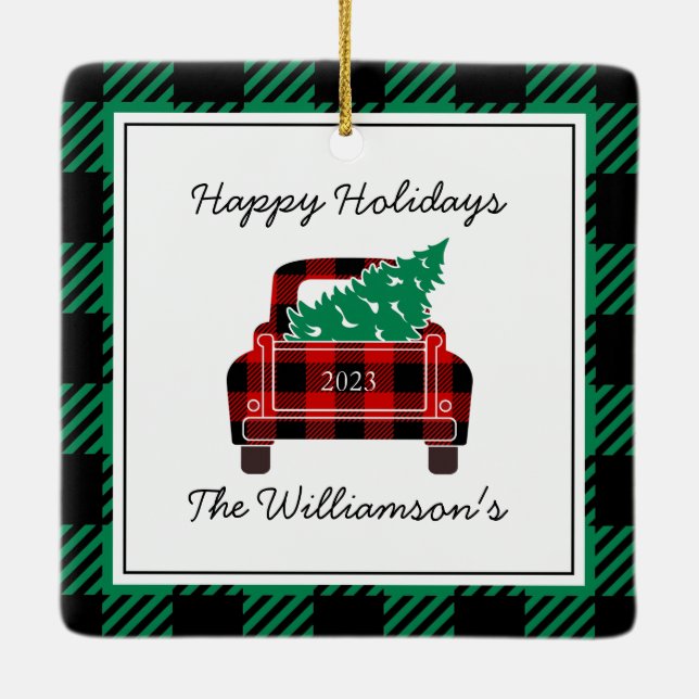 Happy Holidays Jahr Name Kariert Truck Rot Grün Keramikornament (Rückseite)