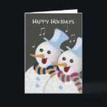 Happy Holidays Jolly Singing Snowmen Couple Feiertagskarte<br><div class="desc">Eine niedliche Weihnachtskarte mit Chalkboard-Themen,  die ein fröhliches festliches Snowmannpaar mit bunten Wollschals und Singen von Urlaubssliedern enthält. Eine sehr fröhliche und glückliche Karte für den Urlaub. Vorderer Text: Gute Ferien. ©PamJArts</div>