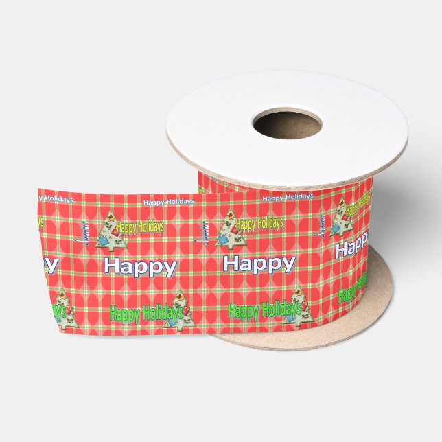 Happy Holidays, Joy Merry Christmas Red Satinband (Spule)