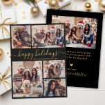 Happy Holidays Kalligraphie Foto Collage Weihnacht Feiertagskarte<br><div class="desc">Elegante Minimal Moderne Elegante Kalligrafie Schwarz und Gold 5 Foto Collage "Happy Holiday" Script Weihnachtskarte. Dieses festliche, minimalistische, skurrile 5 (5) Foto-Urlaubskarte-Template verfügt über eine hübsche Grid-Foto-Collage und sagt "Happy Ferien" ! Der Grußtext "Happy Holiday" ist in einer wunderschönen Hand geschrieben, Wirbler Swash-Schwanz-Schriftart-Typ in Gold auf schwarzem Hintergrund. Auf der...</div>