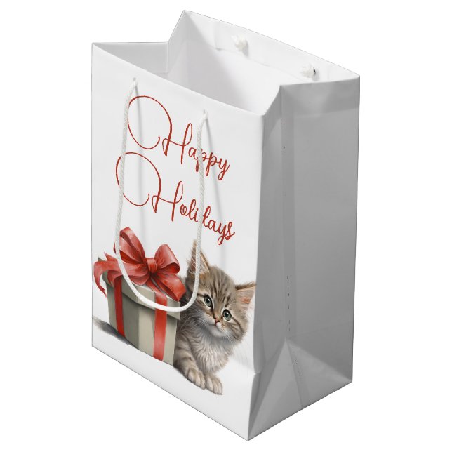 Happy Holidays Kitty with Gift Mittlere Geschenktüte (Vorderseite Schrägansicht)