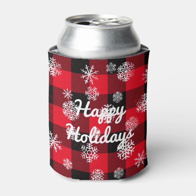 Happy Holidays l Snowflakes Rotes Buffalo Kariert Dosenkühler (Kanne Vorderseite)