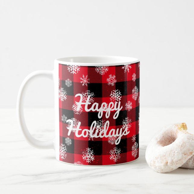 Happy Holidays l Snowflakes Rotes Buffalo Kariert Kaffeetasse (Mit Donut)
