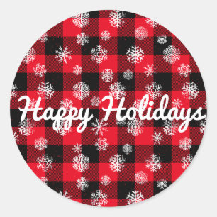 Happy Holidays l Snowflakes Rotes Buffalo Kariert Runder Aufkleber