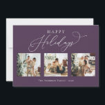 Happy Holidays Lila Plum Multi Foto Collage Feiertagskarte<br><div class="desc">Erschaffen Sie schöne Erinnerungen in dieser Ferienzeit mit dieser Multi-Foto Collage Urlaubskarte. Diese Karte verfügt über ein modernes minimalistisches Skript mit Ihren Lieblings-Fotos auf der Vorderseite und eines auf der Rückseite. Personalisieren Sie diese vollständig anpassbare Karte mit Ihrer Begrüßung,  Nachricht,  Familienname und Jahr.</div>