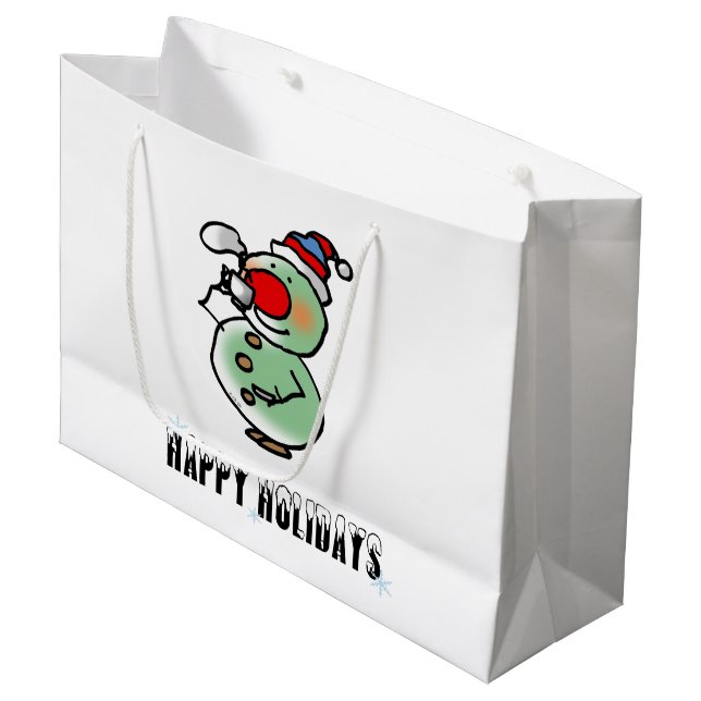 Happy Holidays (lustiger Schneemann) Große Geschenktüte (Vorderseite Schrägansicht)