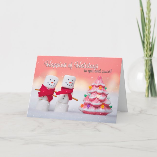 Happy Holidays Marshmallow Snowmen Feiertagskarte (Vorderseite)