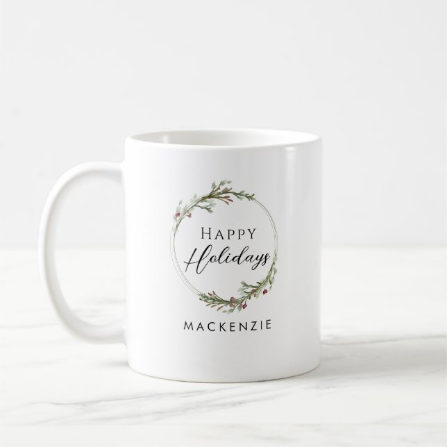 Happy Holidays Minimalist Name Wreath Kaffeetasse (Links)
