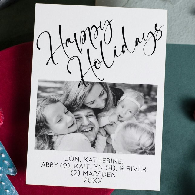 Happy Holidays Minimalistisch Holiday Foto Card Einladung ("happy holidays" christmas card elegant script black and white one family photo end of year update)