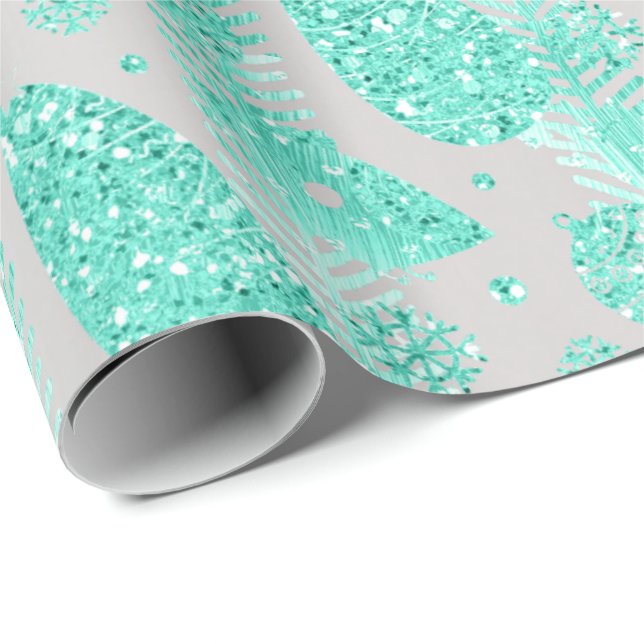 Happy Holidays Mint Glitzer Balls Birds Geschenkpapier (Rolleneckpunkt)