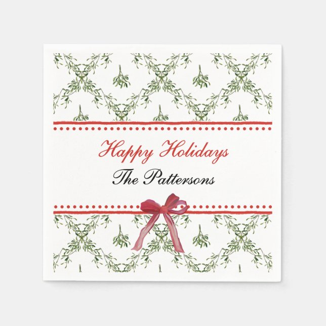Happy Holidays Mistletoe Red Bow Custom Christmas Serviette (Vorderseite)