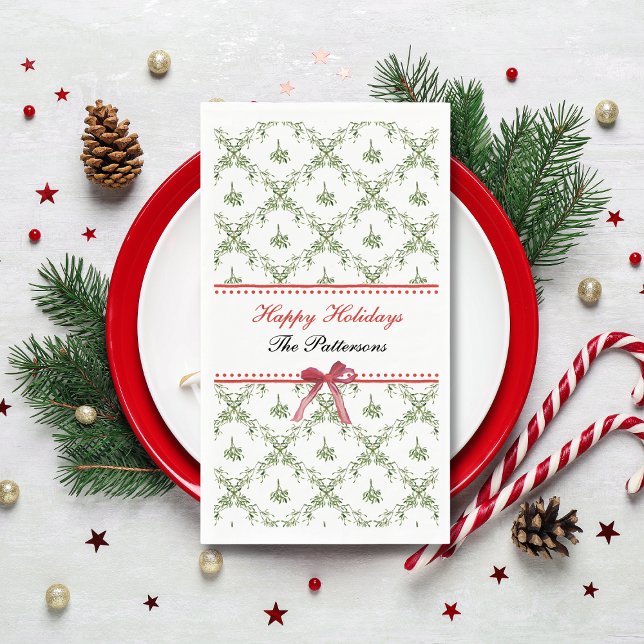 Happy Holidays Mistletoe Red Bow Custom Christmas Serviette (Von Creator hochgeladen)