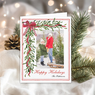Happy Holidays Mistletoe Red Bow Family Foto Feiertagskarte
