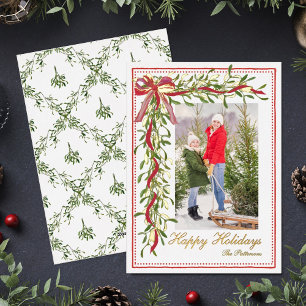 Happy Holidays Mistletoe Red Bow Family Foto Folien Feiertagskarte