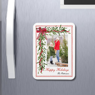 Happy Holidays Mistletoe Red Bow Family Foto Magnet