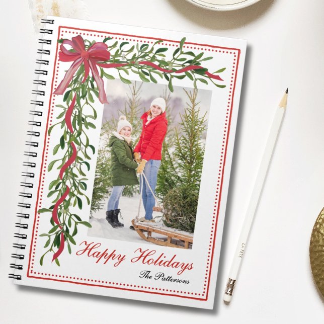 Happy Holidays Mistletoe Red Bow Family Foto Notizblock (Von Creator hochgeladen)