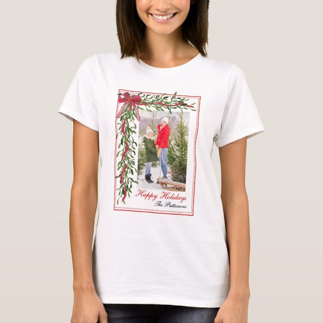Happy Holidays Mistletoe Red Bow Family Foto T-Shirt (Vorderseite)