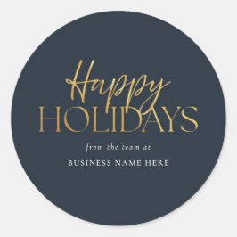 Happy Holidays Modern Blue Gold Script Business Runder Aufkleber